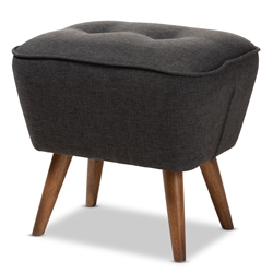 Baxton Studio Petronelle Mid-Century Modern Dark Grey Fabric Upholstered Walnut Brown Finished Wood Ottoman